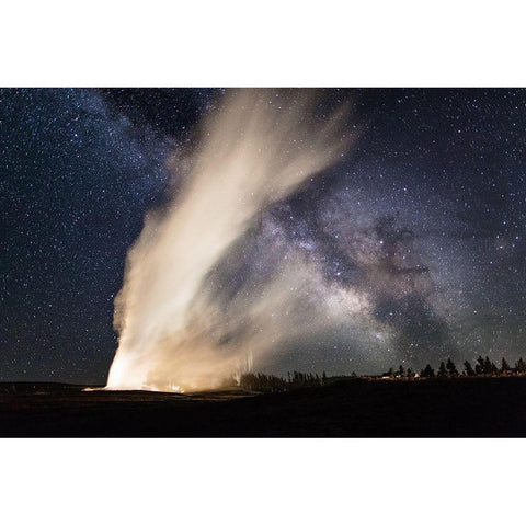 Old Faithful and Milky Way, Yellowstone National Park Black Modern Wood Framed Art Print with Double Matting by The Yellowstone Collection