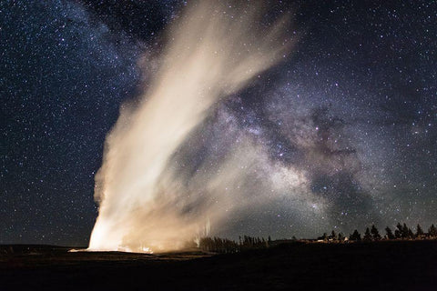 Old Faithful and Milky Way, Yellowstone National Park White Modern Wood Framed Art Print with Double Matting by The Yellowstone Collection