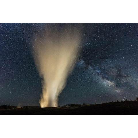 Old Faithful and The Milky Way, Yellowstone National Park Black Modern Wood Framed Art Print with Double Matting by The Yellowstone Collection