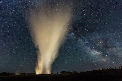 Old Faithful and The Milky Way, Yellowstone National Park White Modern Wood Framed Art Print with Double Matting by The Yellowstone Collection