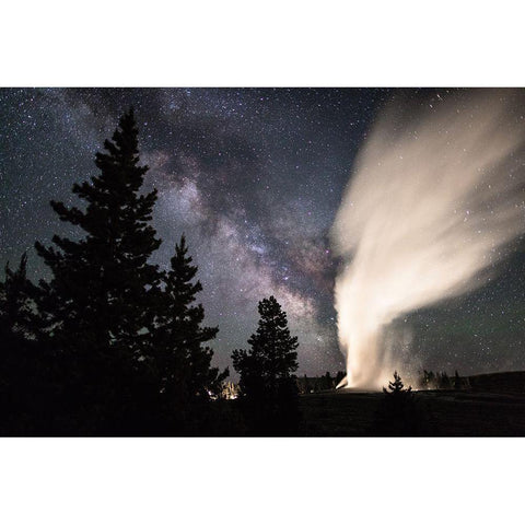 Old Faithful Erupts, Yellowstone National Park Black Modern Wood Framed Art Print with Double Matting by The Yellowstone Collection