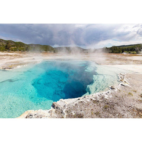 Sapphire Pool Steaming, Yellowstone National Park White Modern Wood Framed Art Print by The Yellowstone Collection