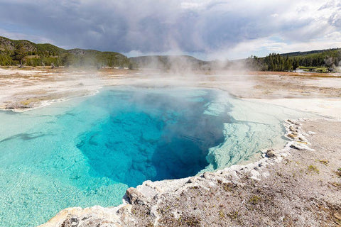 Sapphire Pool Steaming, Yellowstone National Park White Modern Wood Framed Art Print with Double Matting by The Yellowstone Collection