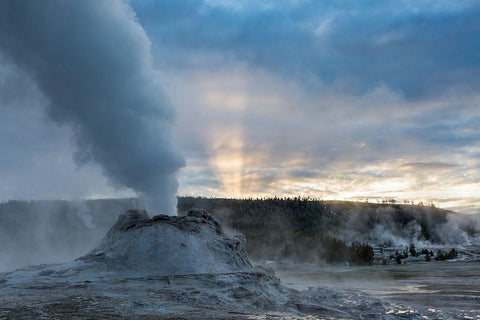 Sunrise at Castle Geyser, Yellowstone National Park Black Ornate Wood Framed Art Print with Double Matting by The Yellowstone Collection