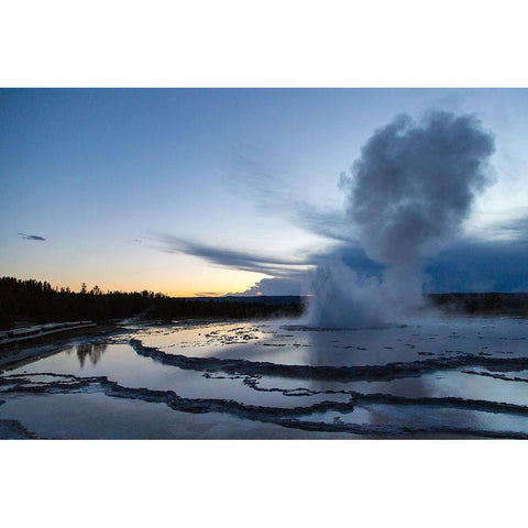 Sunset eruption of Great Fountain Geyser, Yellowstone National Park White Modern Wood Framed Art Print by The Yellowstone Collection