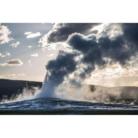 Sunset eruption of Old Faithful, Yellowstone National Park Gold Ornate Wood Framed Art Print with Double Matting by The Yellowstone Collection