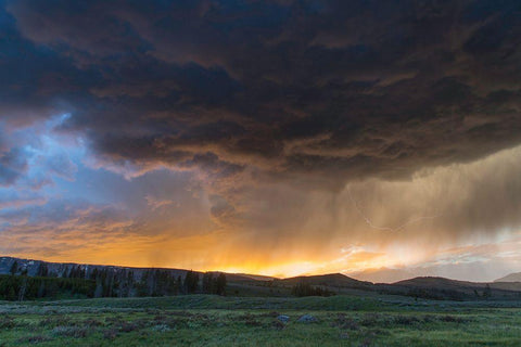 Thunderstorm at Sunset, Swan Lake Flat, Yellowstone National Park White Modern Wood Framed Art Print with Double Matting by The Yellowstone Collection