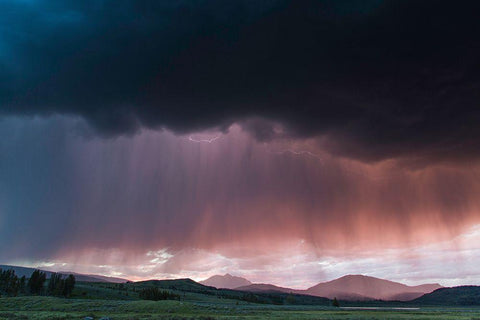 Thunderstorm at Sunset, Swan Lake Flat, Yellowstone National Park White Modern Wood Framed Art Print with Double Matting by The Yellowstone Collection