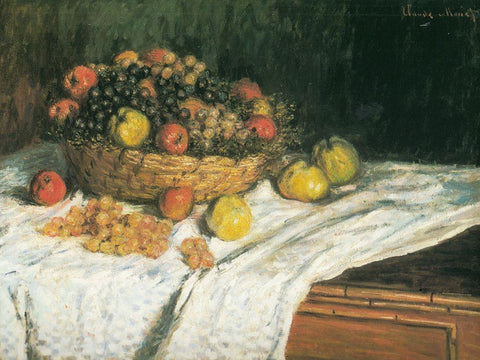 Apples and Grapes 1879 Black Ornate Wood Framed Art Print with Double Matting by Monet, Claude