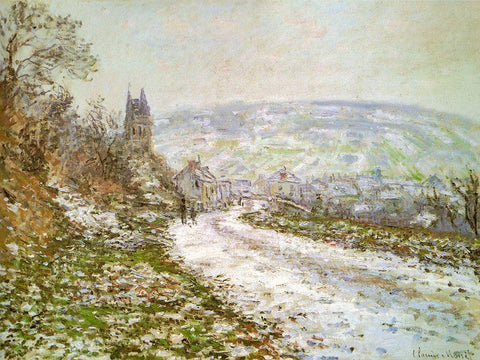 Approach to Vetheuil in Winter 1878 White Modern Wood Framed Art Print with Double Matting by Monet, Claude