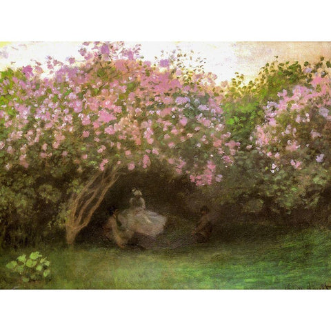 Beneath the Lilacs 1872 Black Modern Wood Framed Art Print with Double Matting by Monet, Claude