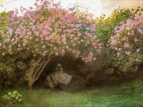 Beneath the Lilacs 1872 White Modern Wood Framed Art Print with Double Matting by Monet, Claude