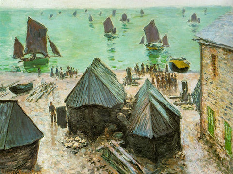 Departure of boats-Etretat 1883 White Modern Wood Framed Art Print with Double Matting by Monet, Claude