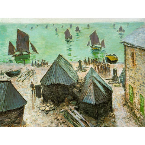 Departure of boats-Etretat 1883 Gold Ornate Wood Framed Art Print with Double Matting by Monet, Claude