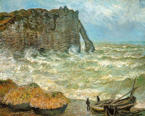 Etretat-rough sea 1883 White Modern Wood Framed Art Print with Double Matting by Monet, Claude