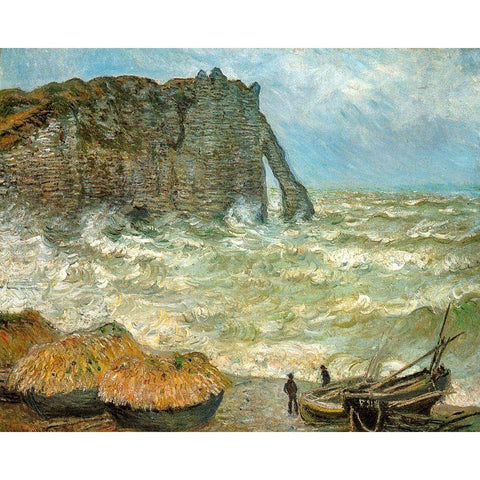 Etretat-rough sea 1883 White Modern Wood Framed Art Print by Monet, Claude