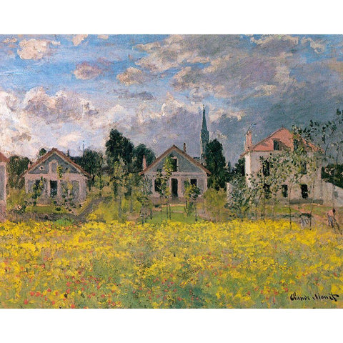 Houses at Edge of Field 1873 Black Modern Wood Framed Art Print with Double Matting by Monet, Claude