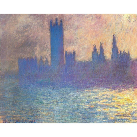 Houses of Parliament-Sunlight 1900 White Modern Wood Framed Art Print by Monet, Claude