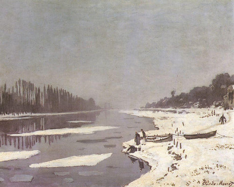 Ice on the Seine at Bougival 1868 White Modern Wood Framed Art Print with Double Matting by Monet, Claude