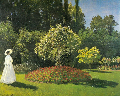 Jeanne-Marguerite Lecadre in Garden 1866 White Modern Wood Framed Art Print with Double Matting by Monet, Claude