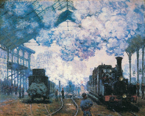 La Gare St. Lazare trains 1877 White Modern Wood Framed Art Print with Double Matting by Monet, Claude