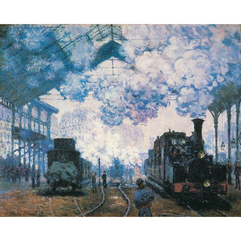 La Gare St. Lazare trains 1877 White Modern Wood Framed Art Print by Monet, Claude