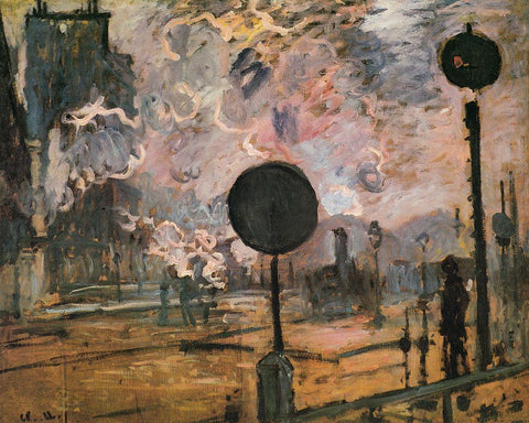 La Gare St. Lazare-signal 1876 Black Ornate Wood Framed Art Print with Double Matting by Monet, Claude