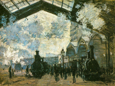 La Gare St-Lazare 1877 White Modern Wood Framed Art Print with Double Matting by Monet, Claude