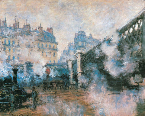 La Gare St-Lazare-Pont de LEurope 1877 White Modern Wood Framed Art Print with Double Matting by Monet, Claude