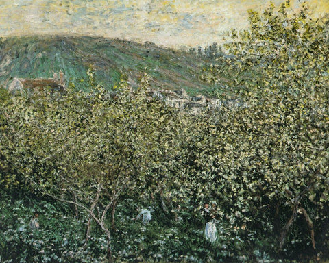 Landscape with Orchard and Figures 1879 White Modern Wood Framed Art Print with Double Matting by Monet, Claude
