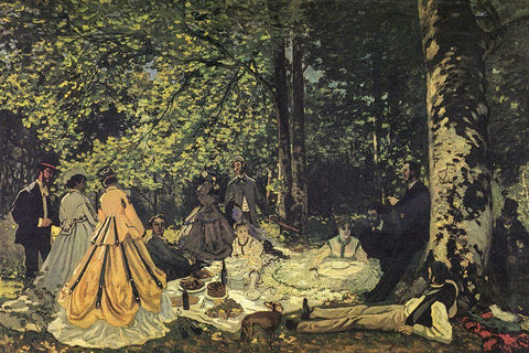 Luncheon on the grass study 1865 Black Ornate Wood Framed Art Print with Double Matting by Monet, Claude