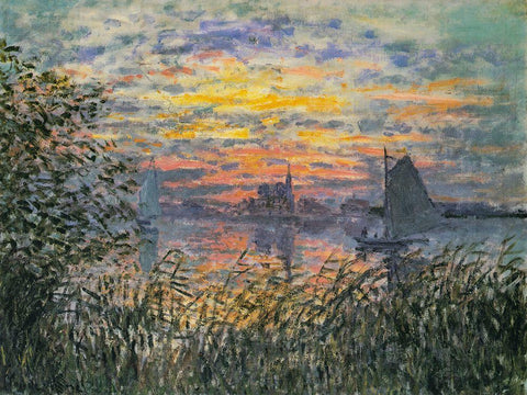 Marine View-Sunset 1874 White Modern Wood Framed Art Print with Double Matting by Monet, Claude