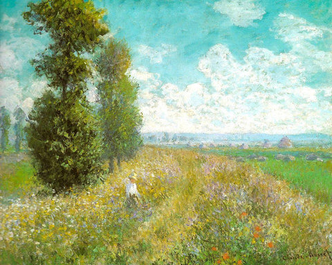 Meadow with Poplars 1875 White Modern Wood Framed Art Print with Double Matting by Monet, Claude