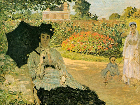 Monets Family in Garden 1873 Black Ornate Wood Framed Art Print with Double Matting by Monet, Claude