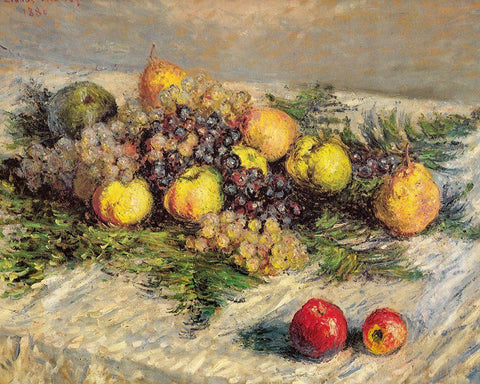 Pears and Grapes 1880 White Modern Wood Framed Art Print with Double Matting by Monet, Claude