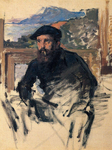 Portrait of the artist in studio 1884 Black Ornate Wood Framed Art Print with Double Matting by Monet, Claude