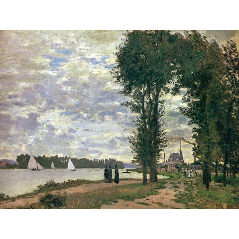 Promenade along the Seine 1872 Black Modern Wood Framed Art Print with Double Matting by Monet, Claude