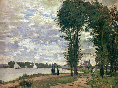 Promenade along the Seine 1872 White Modern Wood Framed Art Print with Double Matting by Monet, Claude