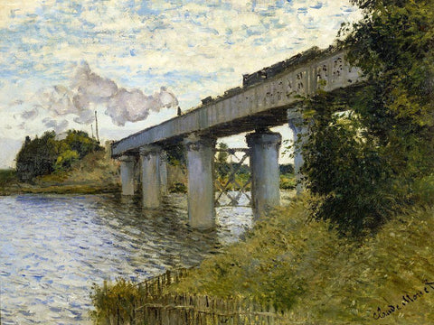 Railway Bridge-Argenteuil 1874 Black Ornate Wood Framed Art Print with Double Matting by Monet, Claude