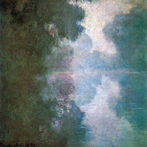 Seine-morning mists 1897 White Modern Wood Framed Art Print with Double Matting by Monet, Claude