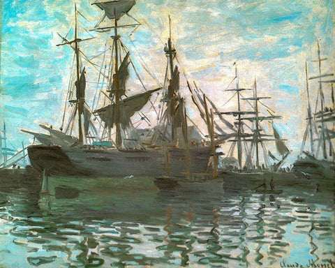 Ships in a harbour 1873 White Modern Wood Framed Art Print with Double Matting by Monet, Claude