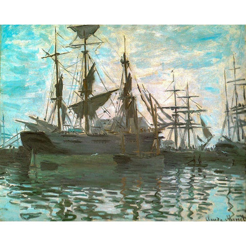 Ships in a harbour 1873 Gold Ornate Wood Framed Art Print with Double Matting by Monet, Claude