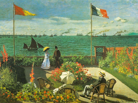 Terrace at Sainte-Adresse 1866 White Modern Wood Framed Art Print with Double Matting by Monet, Claude