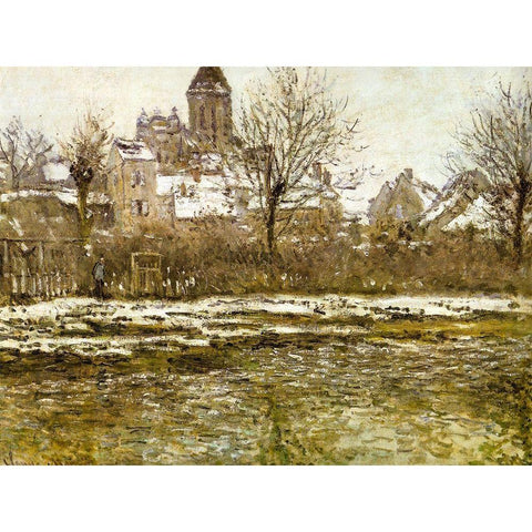 The Church at Vetheuil-snow 1879 Black Modern Wood Framed Art Print with Double Matting by Monet, Claude