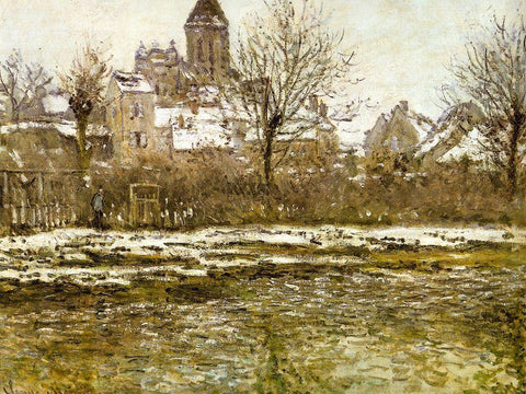 The Church at Vetheuil-snow 1879 White Modern Wood Framed Art Print with Double Matting by Monet, Claude