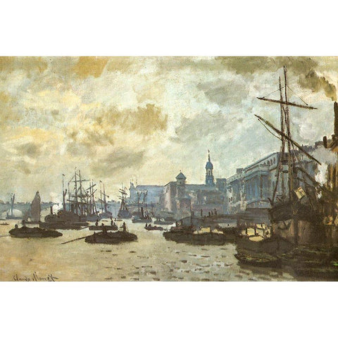 The Pool of London 1871 Gold Ornate Wood Framed Art Print with Double Matting by Monet, Claude