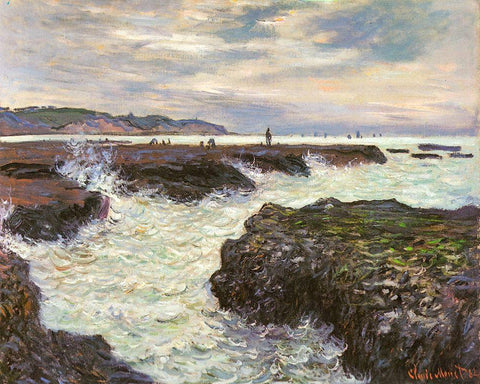 The Rocks at Pourvillle 1882 White Modern Wood Framed Art Print with Double Matting by Monet, Claude