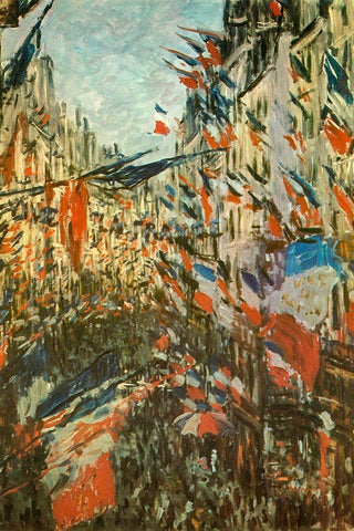 The Rue Montorgeuil with flags 1878 White Modern Wood Framed Art Print with Double Matting by Monet, Claude