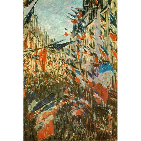 The Rue Montorgeuil with flags 1878 White Modern Wood Framed Art Print by Monet, Claude