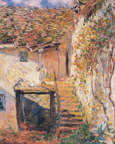 The Stairs 1878 White Modern Wood Framed Art Print with Double Matting by Monet, Claude